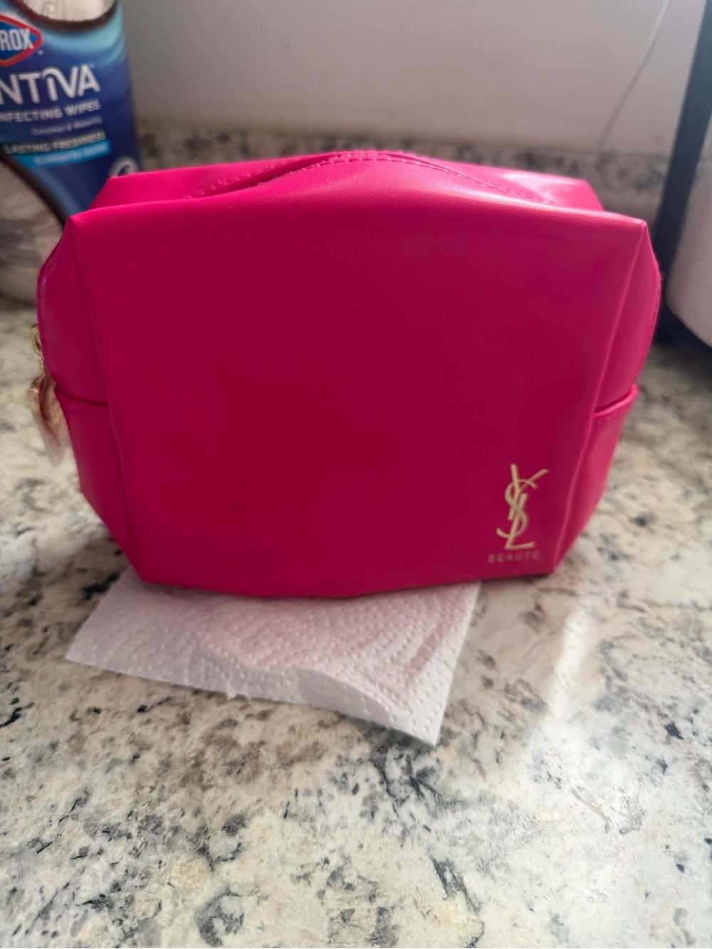 Yves Saint Laurent Hot Pink Cosmetic Pouch with Gold YSL Logo